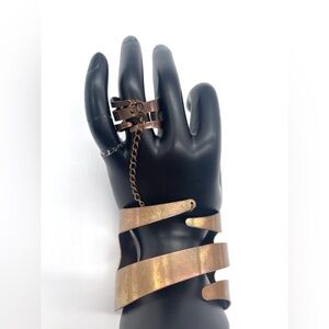 Brass coil Cuff Bracelet chain connected to Ring